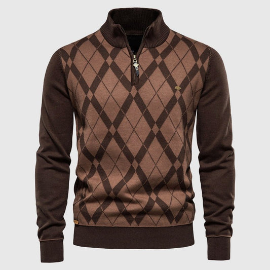 Cotton Sweater for Men with Argyle Pattern and Half - Zip Collar - Clarkandmorris