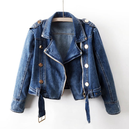 Cropped Denim Jacket for Women with Asymmetrical Zipper - Clarkandmorris