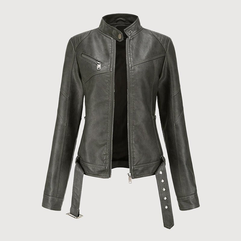 Cropped Faux Leather Biker Jacket for Women with Belt - Clarkandmorris