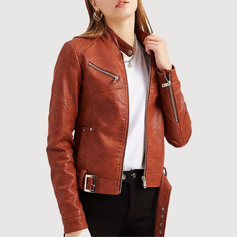 Cropped Faux Leather Biker Jacket for Women with Belt - Clarkandmorris