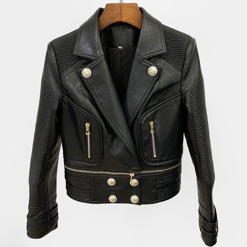 Cropped Faux Leather Motorcycle Jacket for Women with Detachable Edge - Clarkandmorris