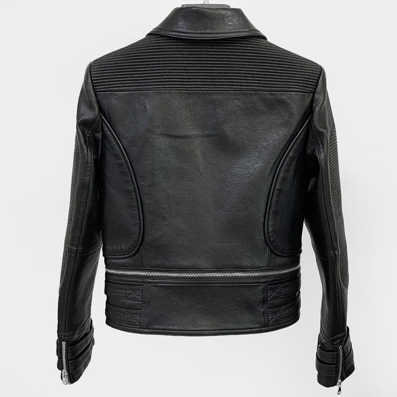 Cropped Faux Leather Motorcycle Jacket for Women with Detachable Edge - Clarkandmorris