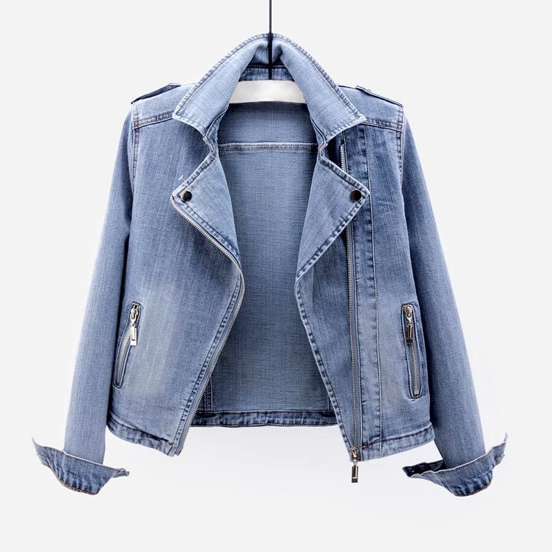 Cropped Washed Denim Jacket for Women with Lapel Collar - Clarkandmorris