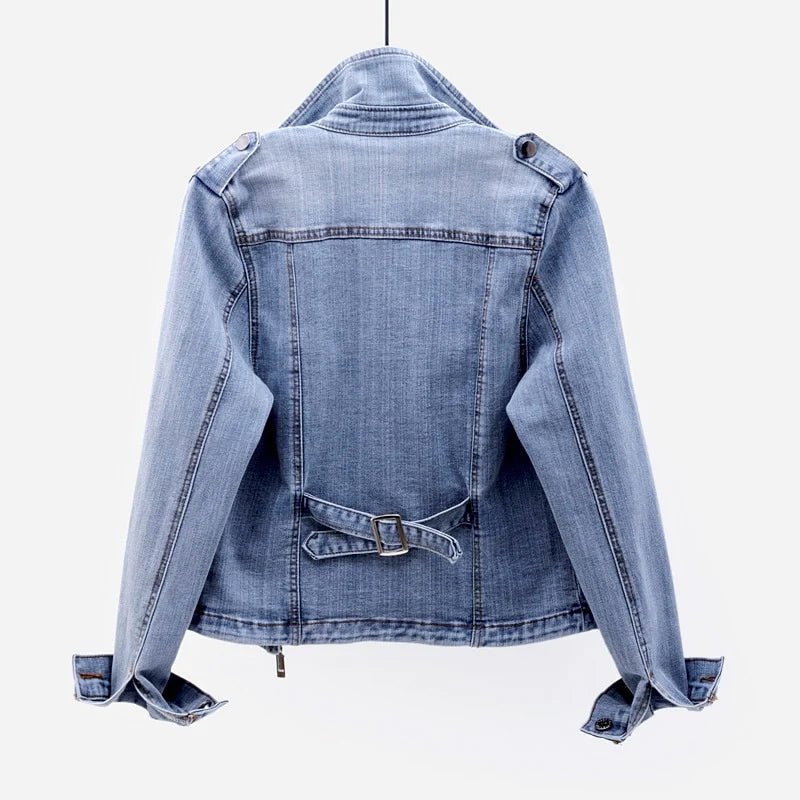 Cropped Washed Denim Jacket for Women with Lapel Collar - Clarkandmorris