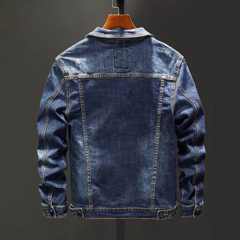 Distressed Cotton Denim Jacket for Men with Turn - Down Collar - Clarkandmorris