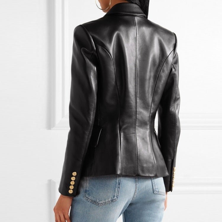 Double - Breasted Faux Leather Blazer Jacket for Women - Clarkandmorris