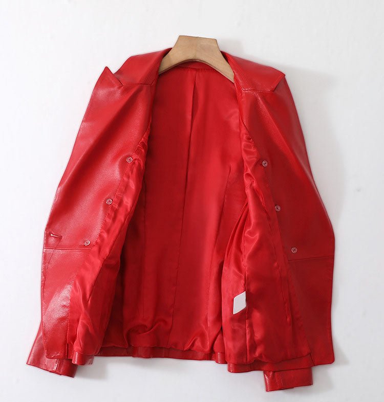 Double - Breasted Faux Leather Blazer Jacket for Women - Clarkandmorris