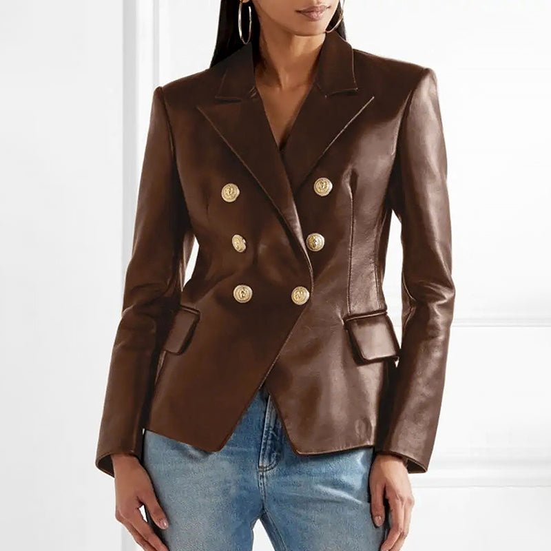 Double - Breasted Faux Leather Blazer Jacket for Women - Clarkandmorris