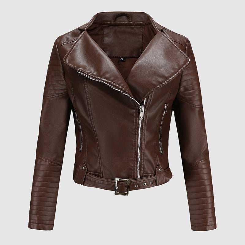 Faux Leather Biker Jacket for Women with Wide Lapel Collar - Clarkandmorris