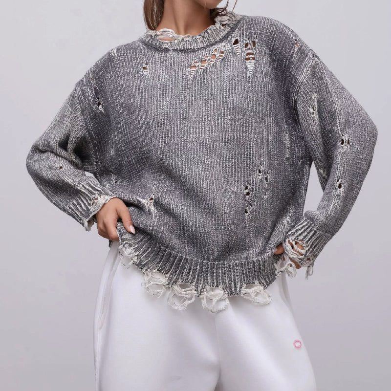 Loose - Fit Knit Sweater for Women with Distressed Detailing - Clarkandmorris