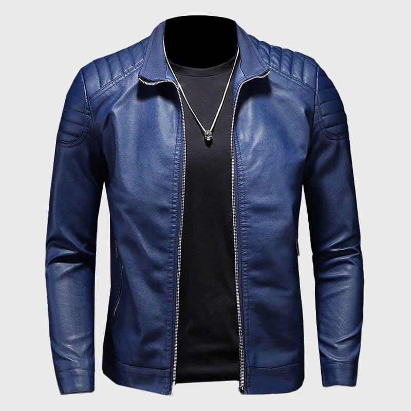 Motorcycle Leather Jacket for Men with Stand Collar - Clarkandmorris