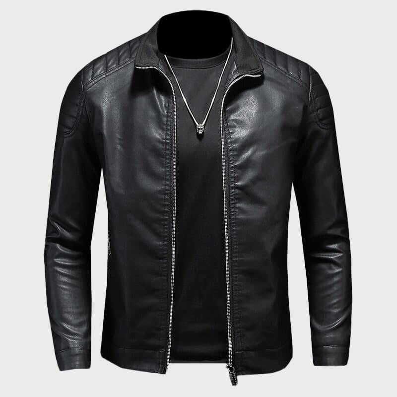 Motorcycle Leather Jacket for Men with Stand Collar - Clarkandmorris