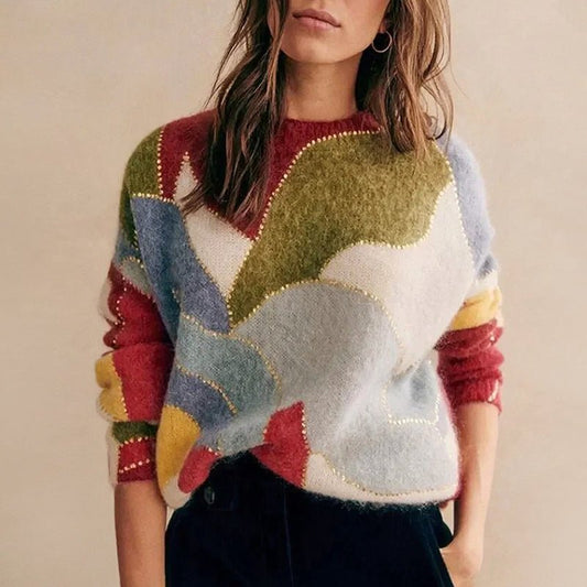 Multicolor Patchwork Sweater for Women with Sequins - Clarkandmorris