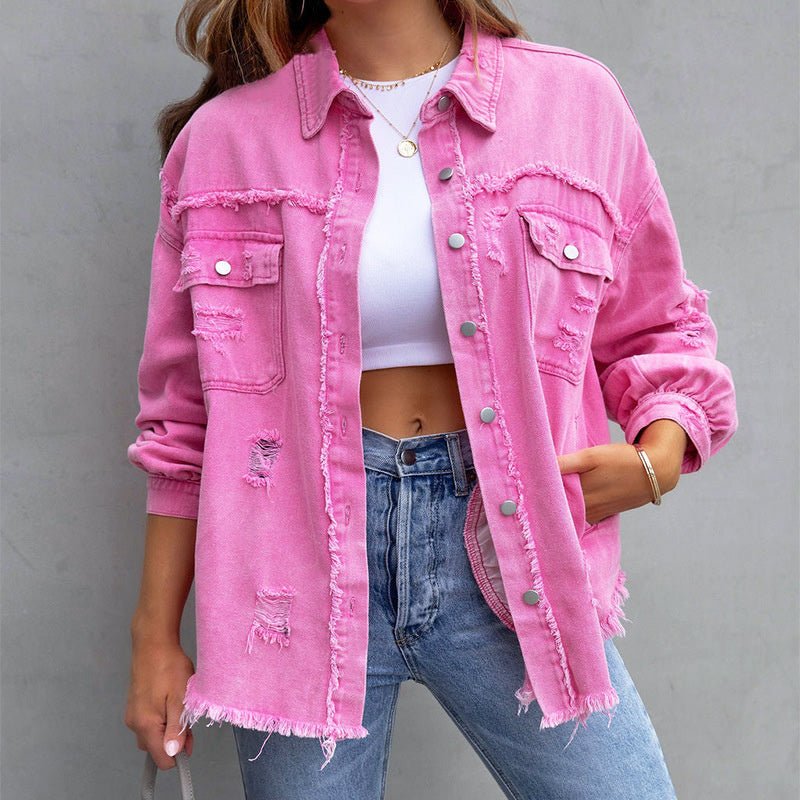 Oversized Denim Jacket for Women with Frayed Hem - Clarkandmorris