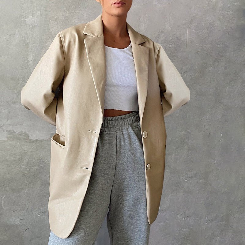 Oversized Faux Leather Suit Coat for Women with Lapel Collar - Clarkandmorris