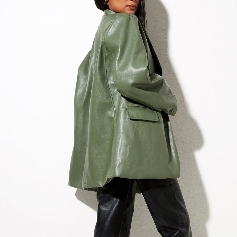 Oversized Faux Leather Suit Coat for Women with Lapel Collar - Clarkandmorris