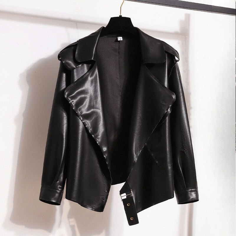 Smooth Faux Leather Jacket for Women with Big Lapel Collar - Clarkandmorris