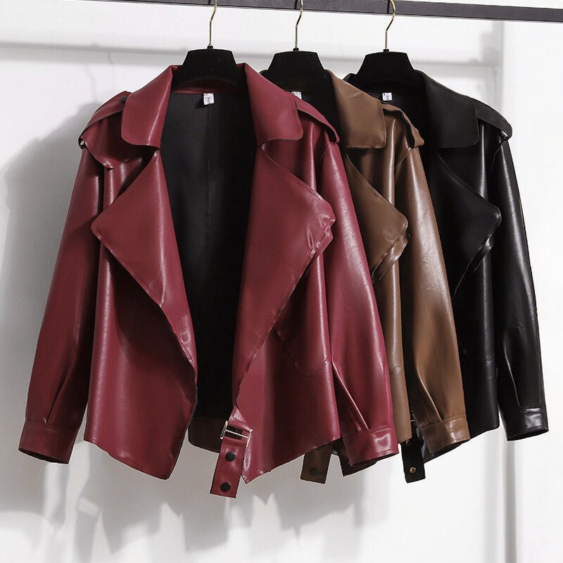 Smooth Faux Leather Jacket for Women with Big Lapel Collar - Clarkandmorris