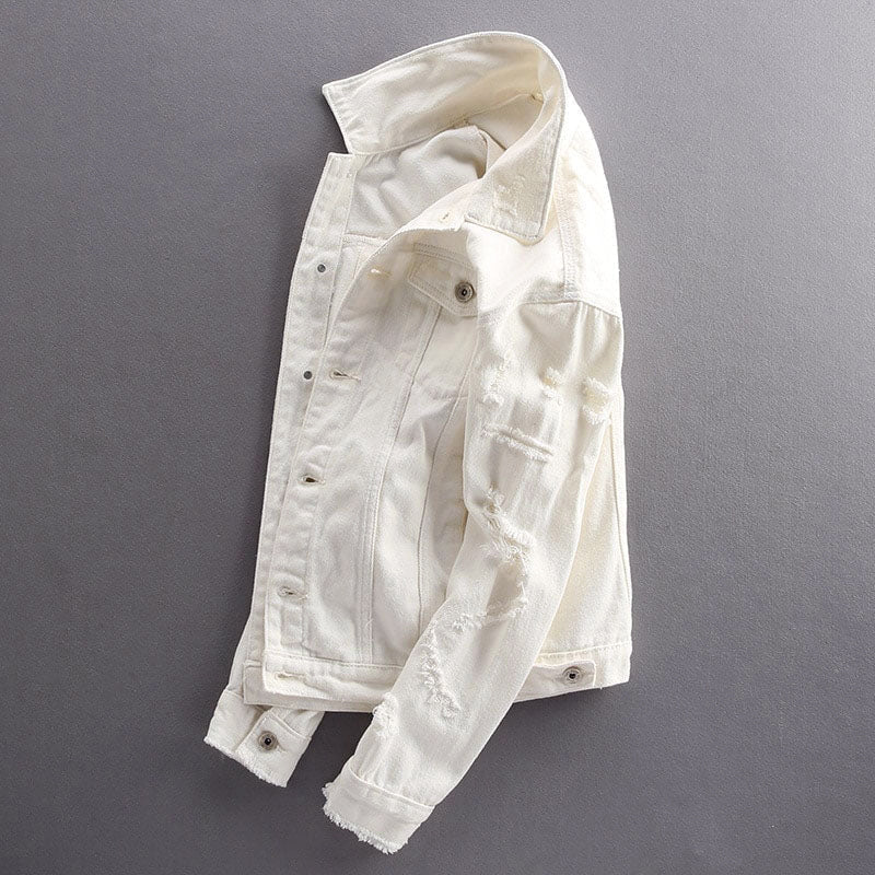 Solid - Color Denim Jacket with Distressed Sleeves for Men - Clarkandmorris