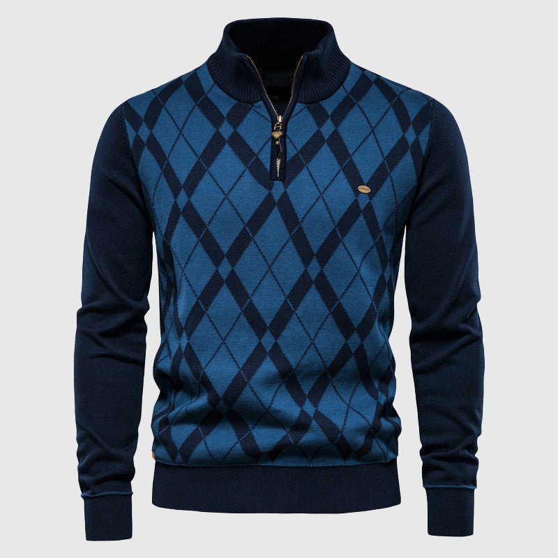 Cotton Sweater for Men with Argyle Pattern and Half - Zip Collar - Clarkandmorris