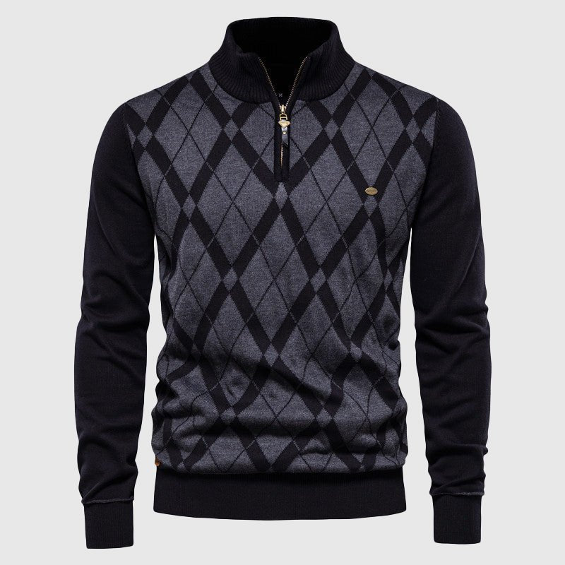 Cotton Sweater for Men with Argyle Pattern and Half - Zip Collar - Clarkandmorris