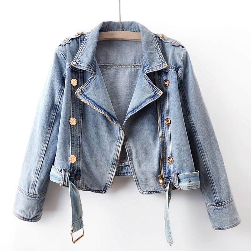 Cropped Denim Jacket for Women with Asymmetrical Zipper - Clarkandmorris