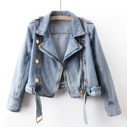 Cropped Denim Jacket for Women with Asymmetrical Zipper - Clarkandmorris