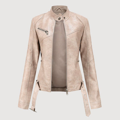 Cropped Faux Leather Biker Jacket for Women with Belt - Clarkandmorris