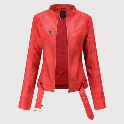 Cropped Faux Leather Biker Jacket for Women with Belt - Clarkandmorris