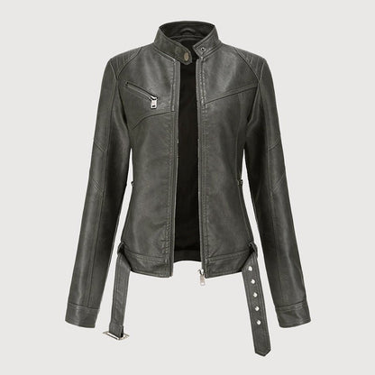 Cropped Faux Leather Biker Jacket for Women with Belt - Clarkandmorris