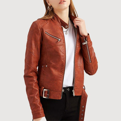 Cropped Faux Leather Biker Jacket for Women with Belt - Clarkandmorris