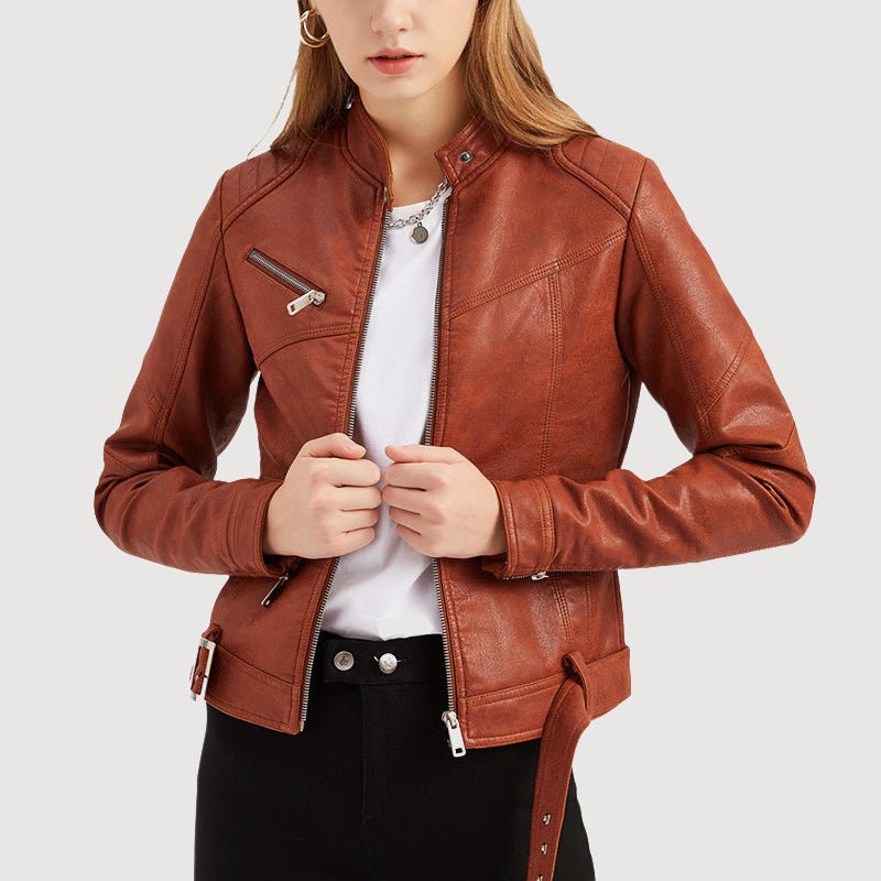 Cropped Faux Leather Biker Jacket for Women with Belt - Clarkandmorris