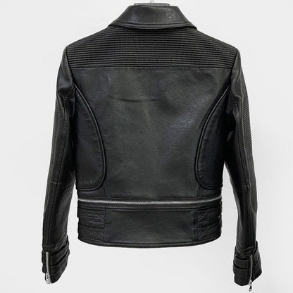 Cropped Faux Leather Motorcycle Jacket for Women with Detachable Edge - Clarkandmorris
