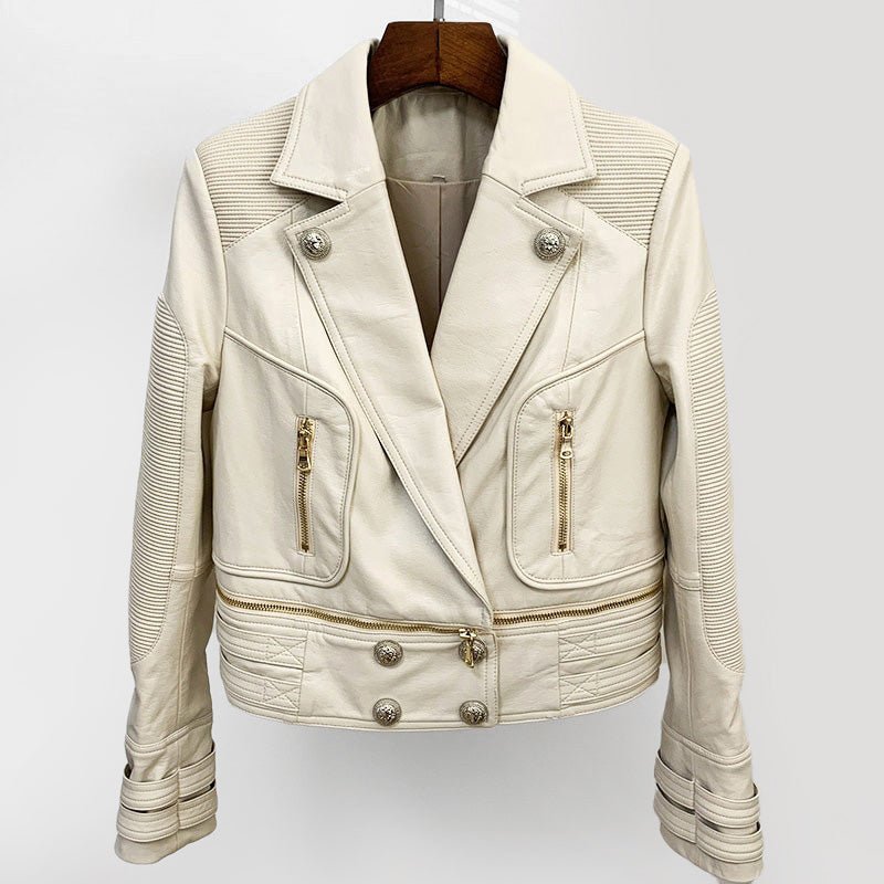 Cropped Faux Leather Motorcycle Jacket for Women with Detachable Edge - Clarkandmorris