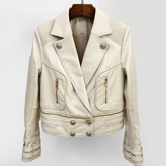 Cropped Faux Leather Motorcycle Jacket for Women with Detachable Edge - Clarkandmorris