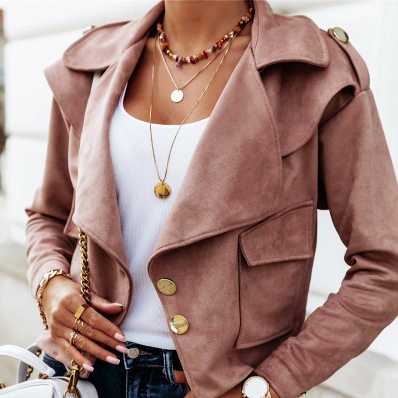 Cropped Faux Suede Leather Jacket for Women with Big Lapel Collar - Clarkandmorris