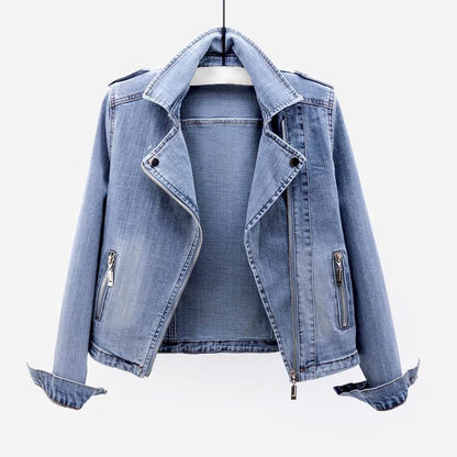 Cropped Washed Denim Jacket for Women with Lapel Collar - Clarkandmorris