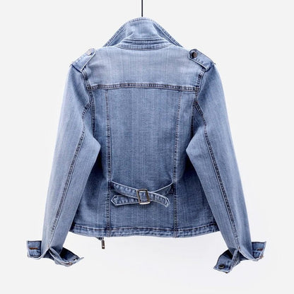Cropped Washed Denim Jacket for Women with Lapel Collar - Clarkandmorris