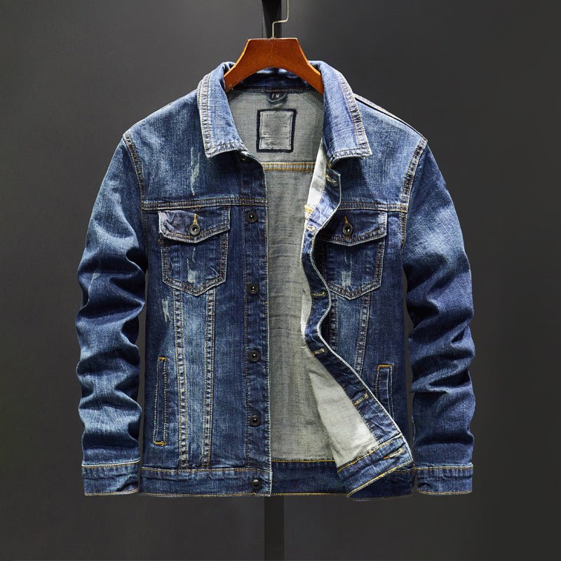 Distressed Cotton Denim Jacket for Men with Turn - Down Collar - Clarkandmorris
