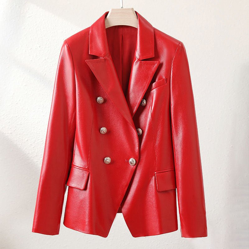 Double - Breasted Faux Leather Blazer Jacket for Women - Clarkandmorris