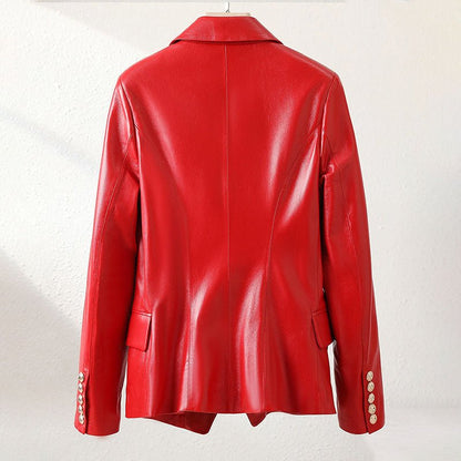 Double - Breasted Faux Leather Blazer Jacket for Women - Clarkandmorris