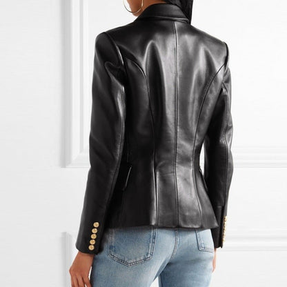 Double - Breasted Faux Leather Blazer Jacket for Women - Clarkandmorris