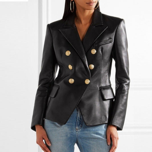 Double - Breasted Faux Leather Blazer Jacket for Women - Clarkandmorris