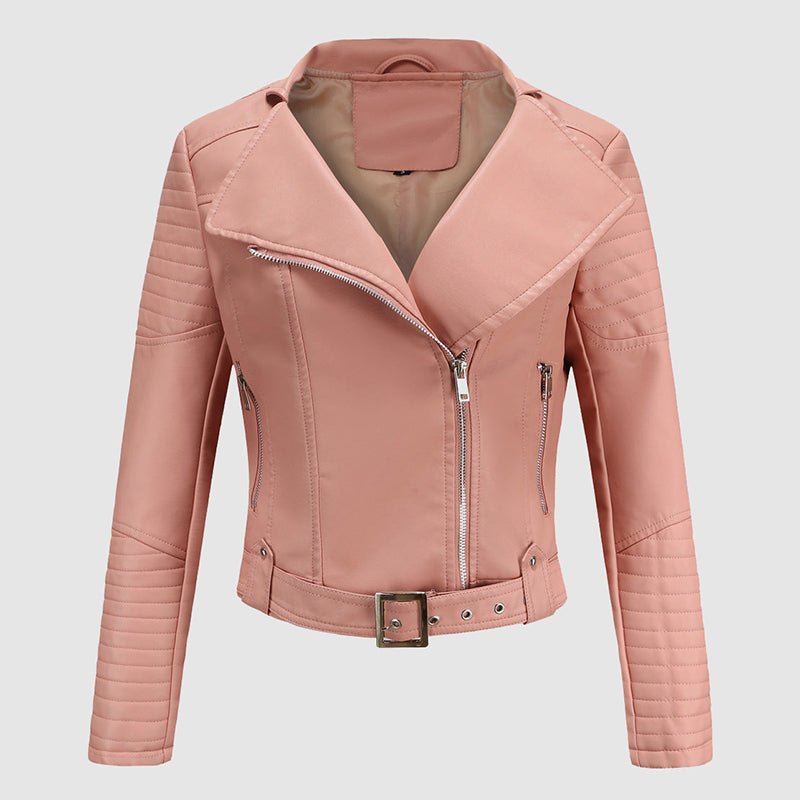 Faux Leather Biker Jacket for Women with Wide Lapel Collar - Clarkandmorris