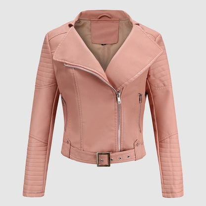 Faux Leather Biker Jacket for Women with Wide Lapel Collar - Clarkandmorris