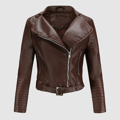 Faux Leather Biker Jacket for Women with Wide Lapel Collar - Clarkandmorris