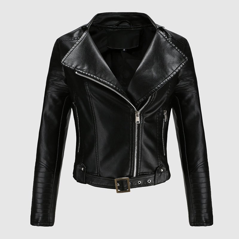 Faux Leather Biker Jacket for Women with Wide Lapel Collar - Clarkandmorris