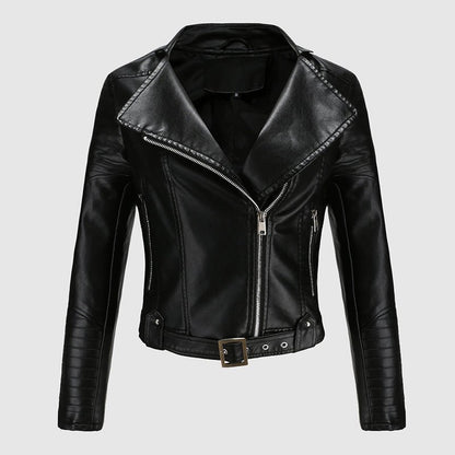 Faux Leather Biker Jacket for Women with Wide Lapel Collar - Clarkandmorris
