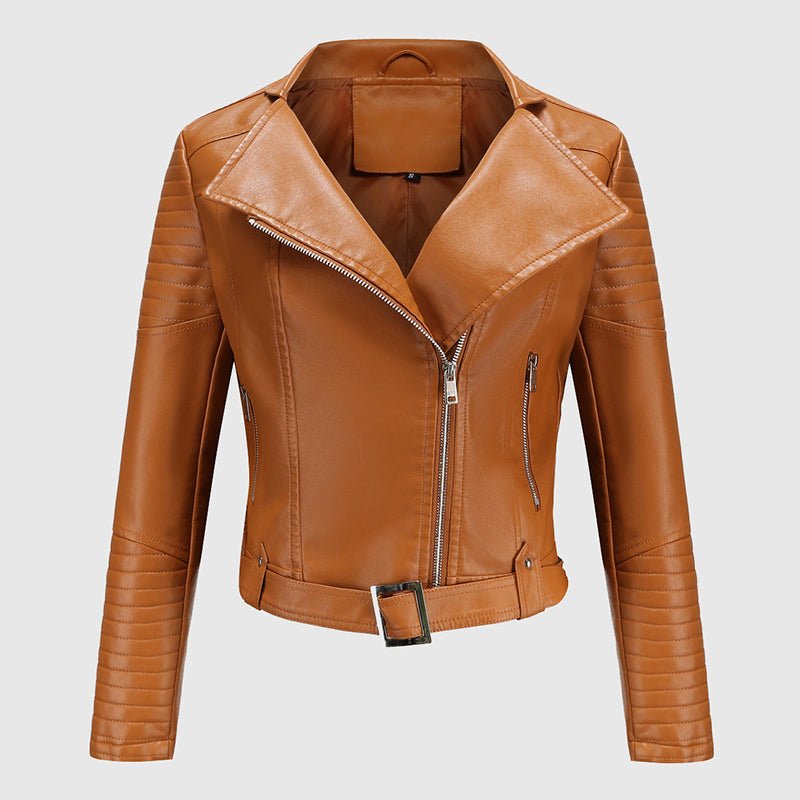 Faux Leather Biker Jacket for Women with Wide Lapel Collar - Clarkandmorris
