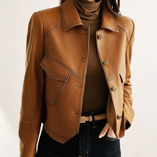 Faux Leather Jacket for Women with Front Pockets - Clarkandmorris